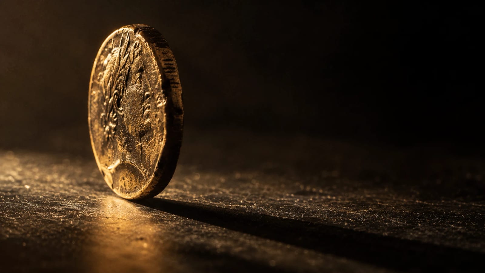 Una moneda de oro antigua y gastada, de canto, iluminada por un haz cálido sobre un fondo oscuro.