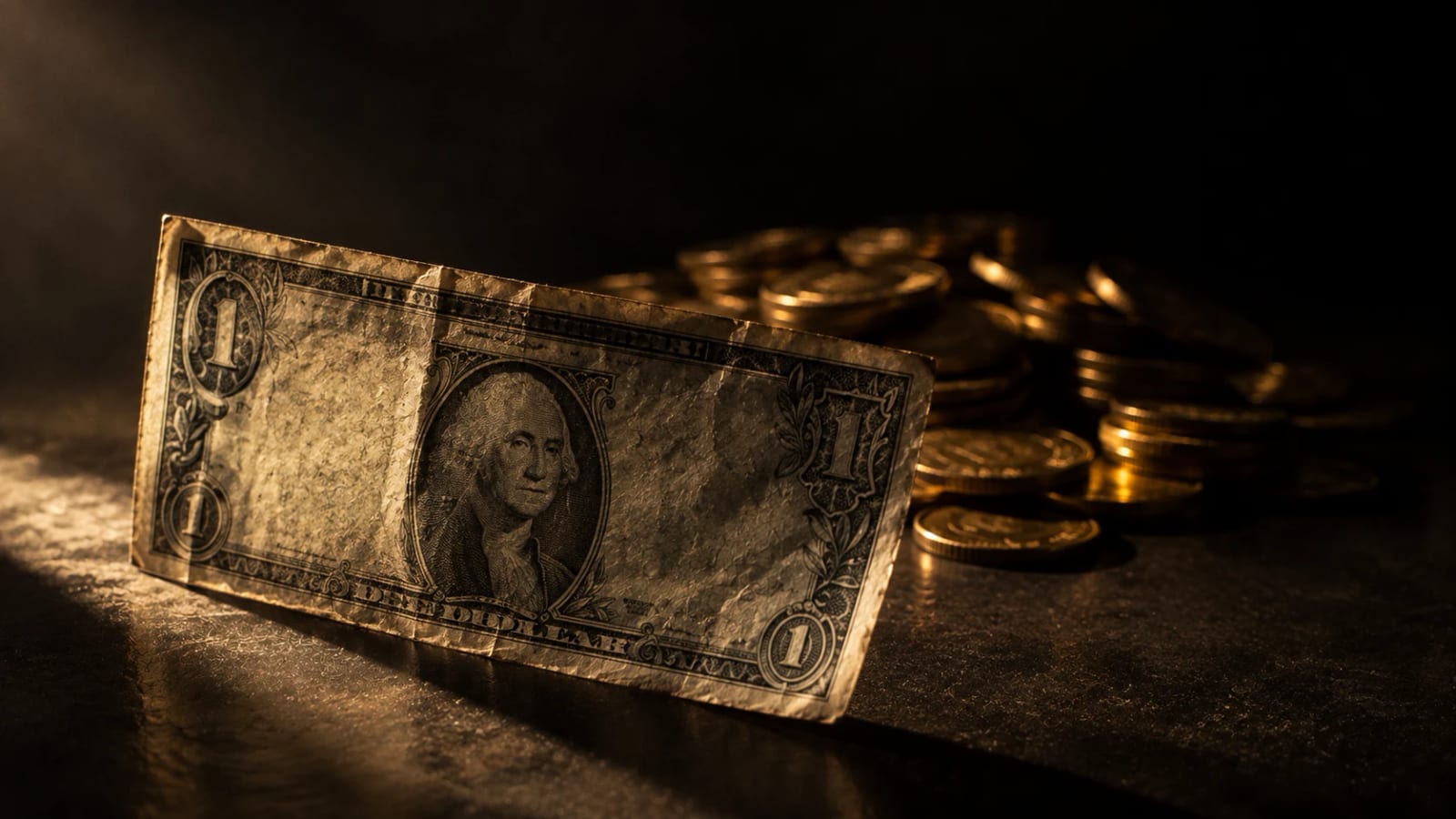 Un billete de un dólar gastado en primer plano, nítido; detrás, un montón de monedas de oro difuminadas en la sombra.