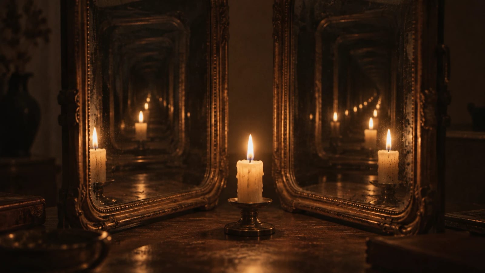 Una vela encendida entre dos espejos enfrentados; su llama se repite hacia un túnel infinito de reflejos: lo que se determina por sí mismo.
